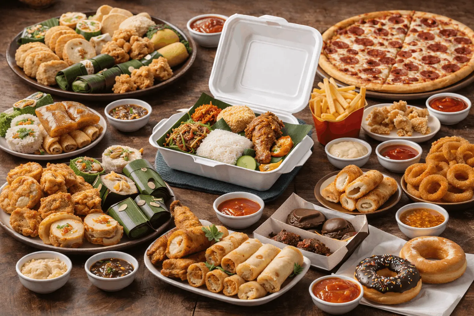 Menu catering DapurPizza berupa pizza, nasi box, dan snack box